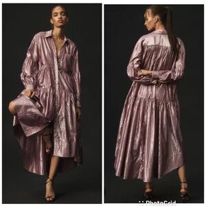 Anthropologie Pilcro Long-Sleeve V-Neck Metallic High-Low Dress in Lilac